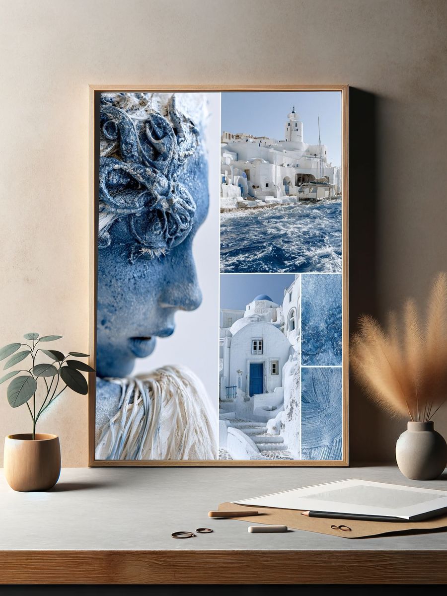 Santorini Blue Collage Poster. — room view 2