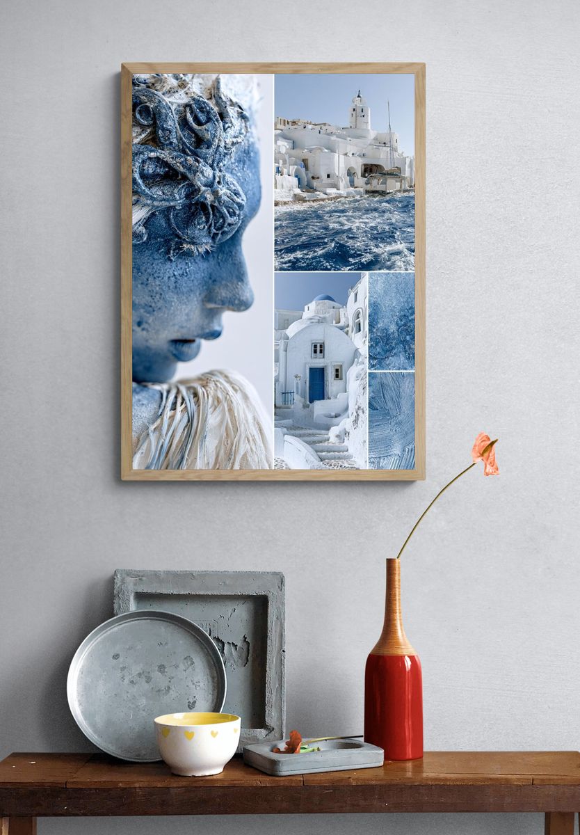 Santorini Blue Collage Poster. — room view 3