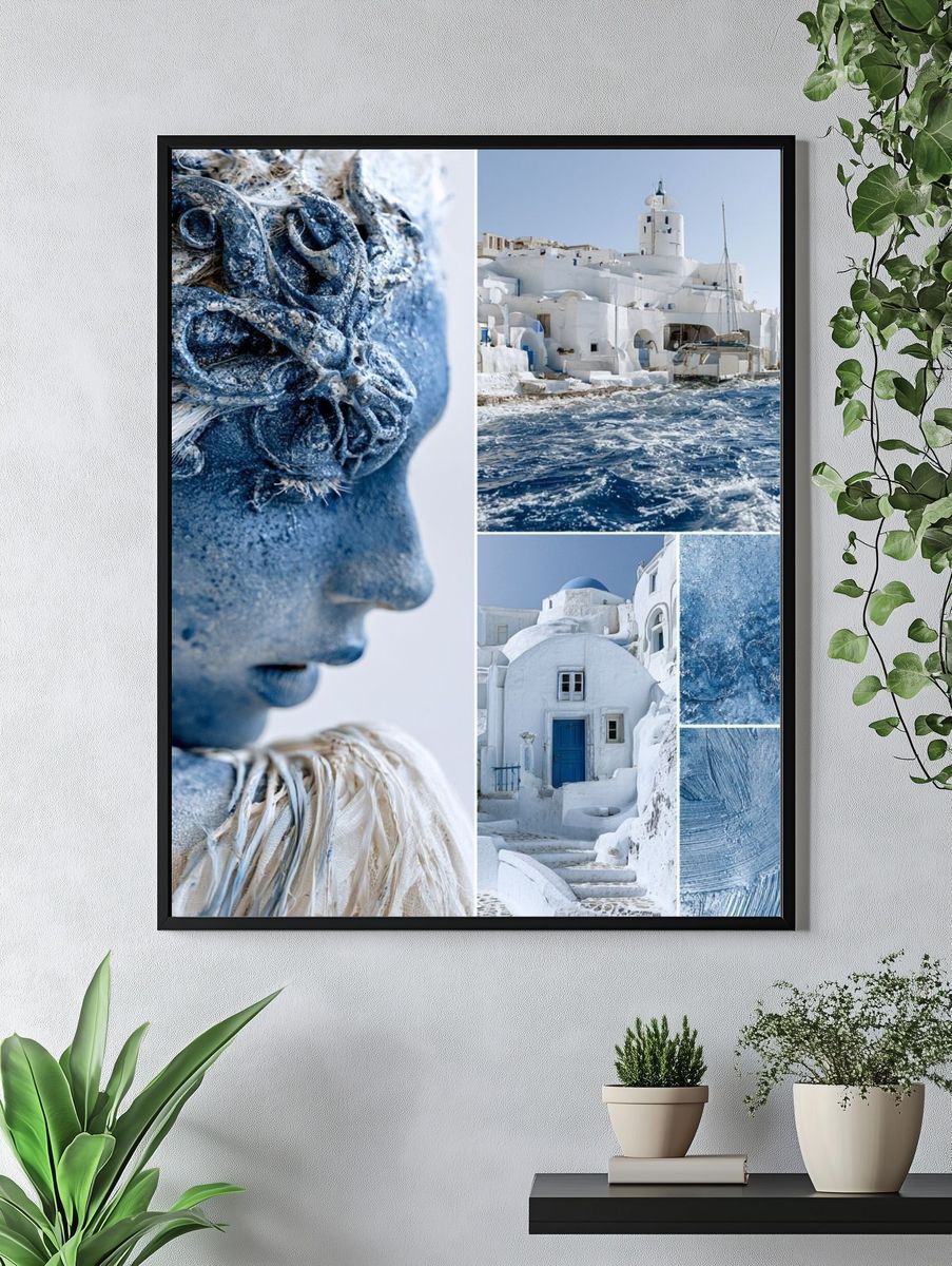 Santorini Blue Collage Poster. — room view 4