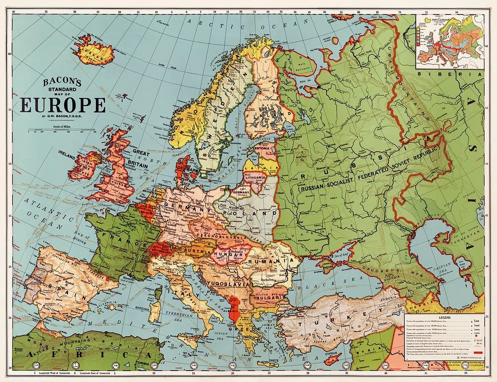 Bacon's standard map Europe George. poster detail