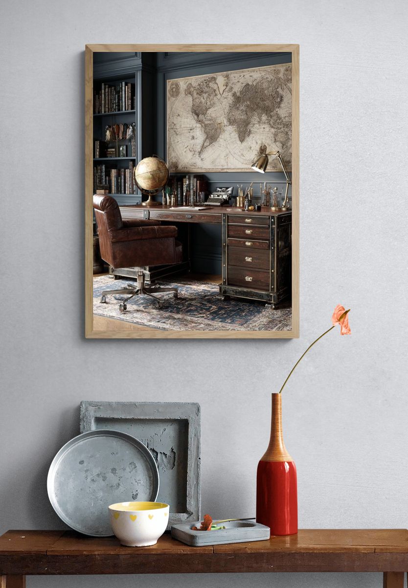Antique World Map Vintage Print. — room view 3