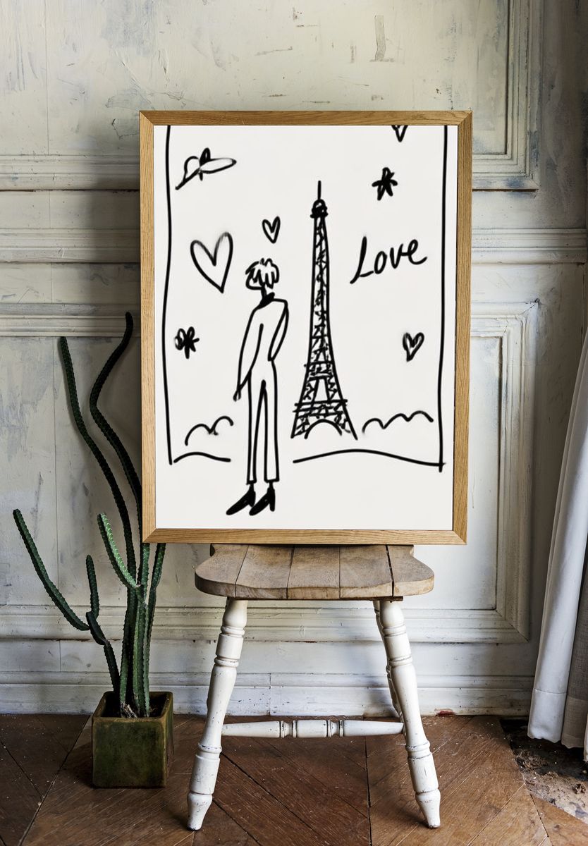 Paris Love Line Art Poster. room preview