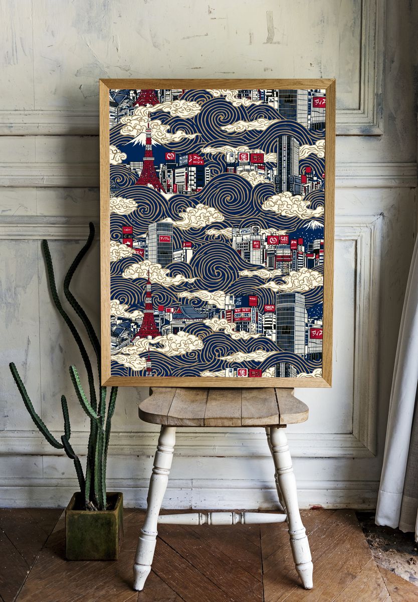 Tokyo Skyline Wave Print. room preview
