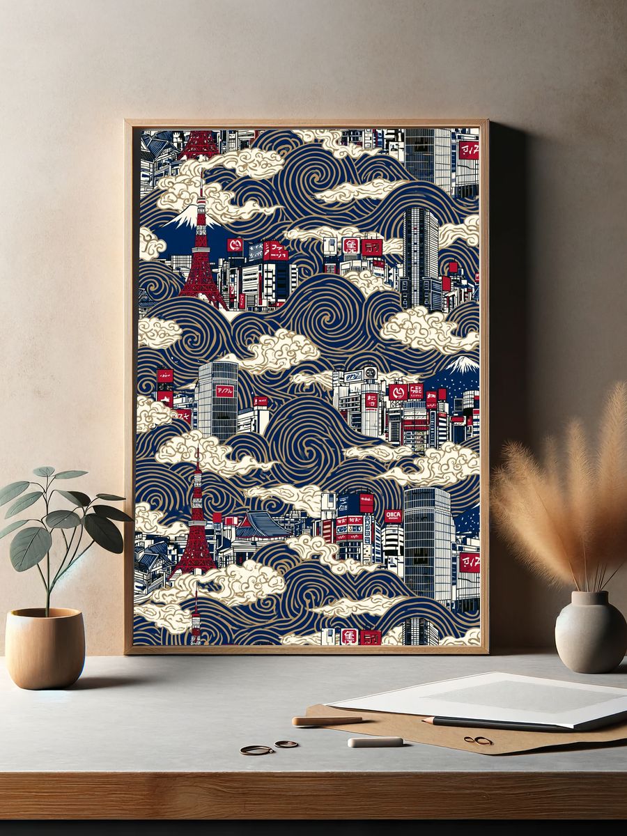 Tokyo Skyline Wave Print. — room view 2