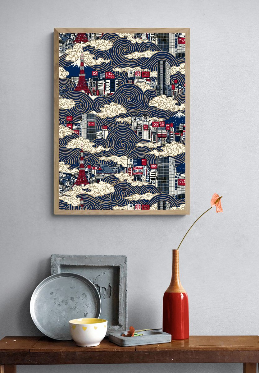 Tokyo Skyline Wave Print. — room view 3