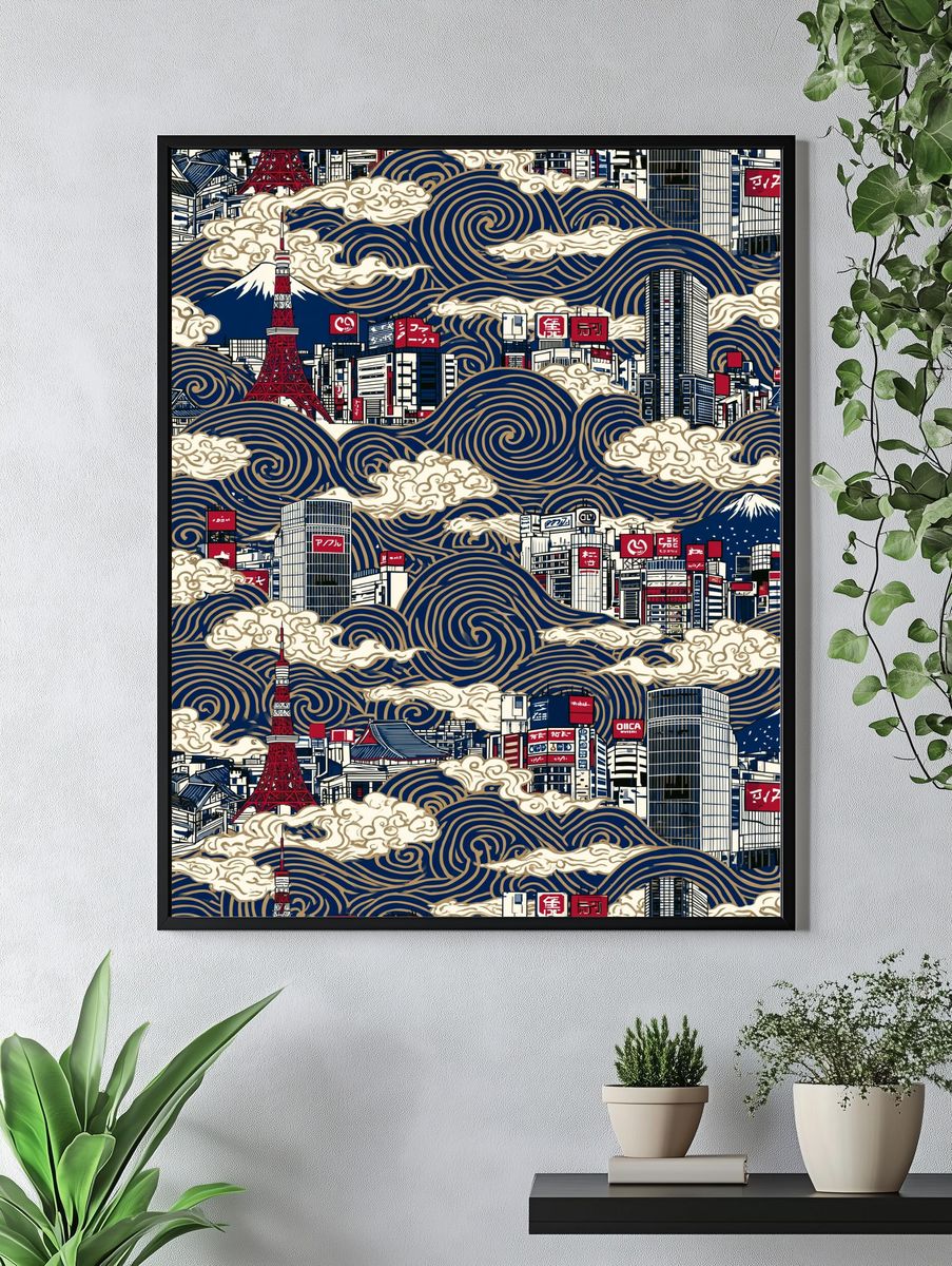 Tokyo Skyline Wave Print. — room view 4