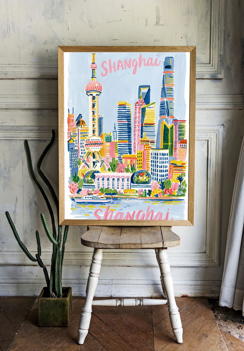 Shanghai Skyline Watercolor Poster. room preview