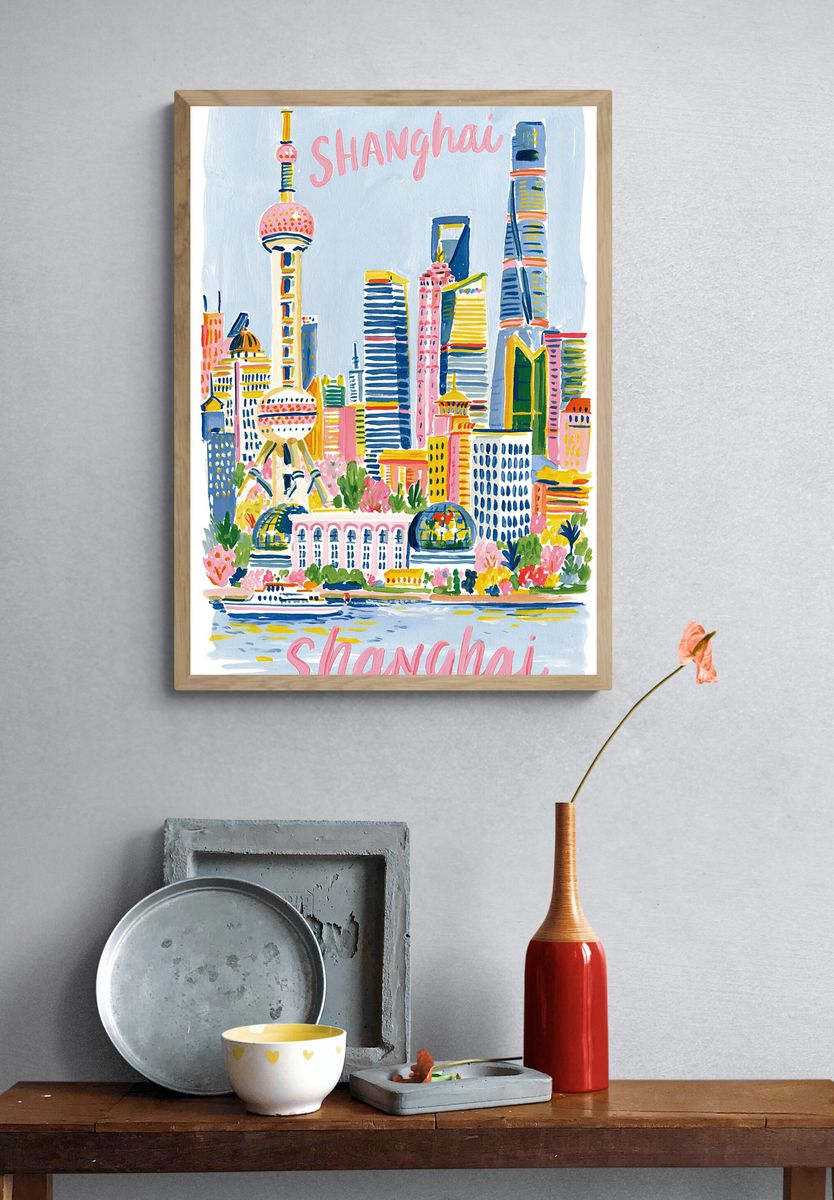 Shanghai Skyline Watercolor Poster. — room view 3