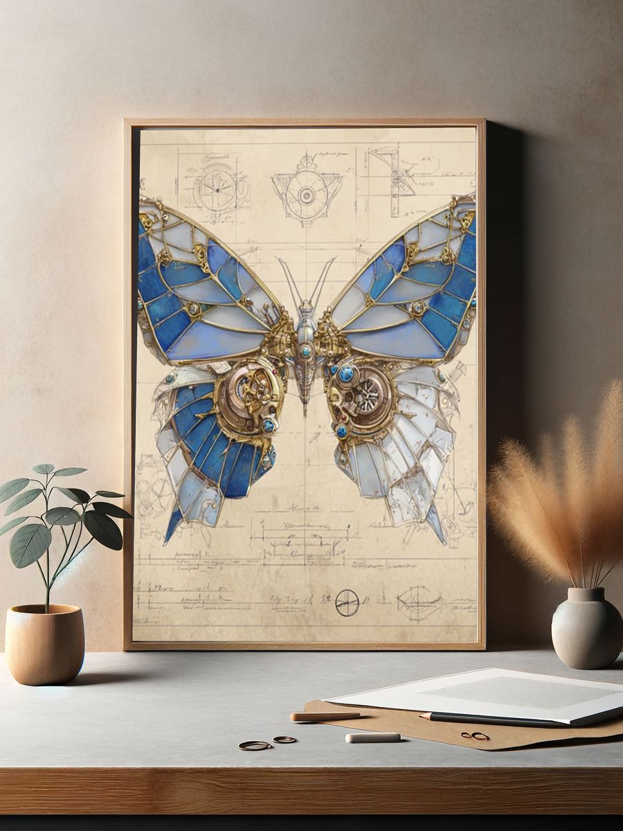 Mechanical Butterfly Blueprint Poster. — room view 2
