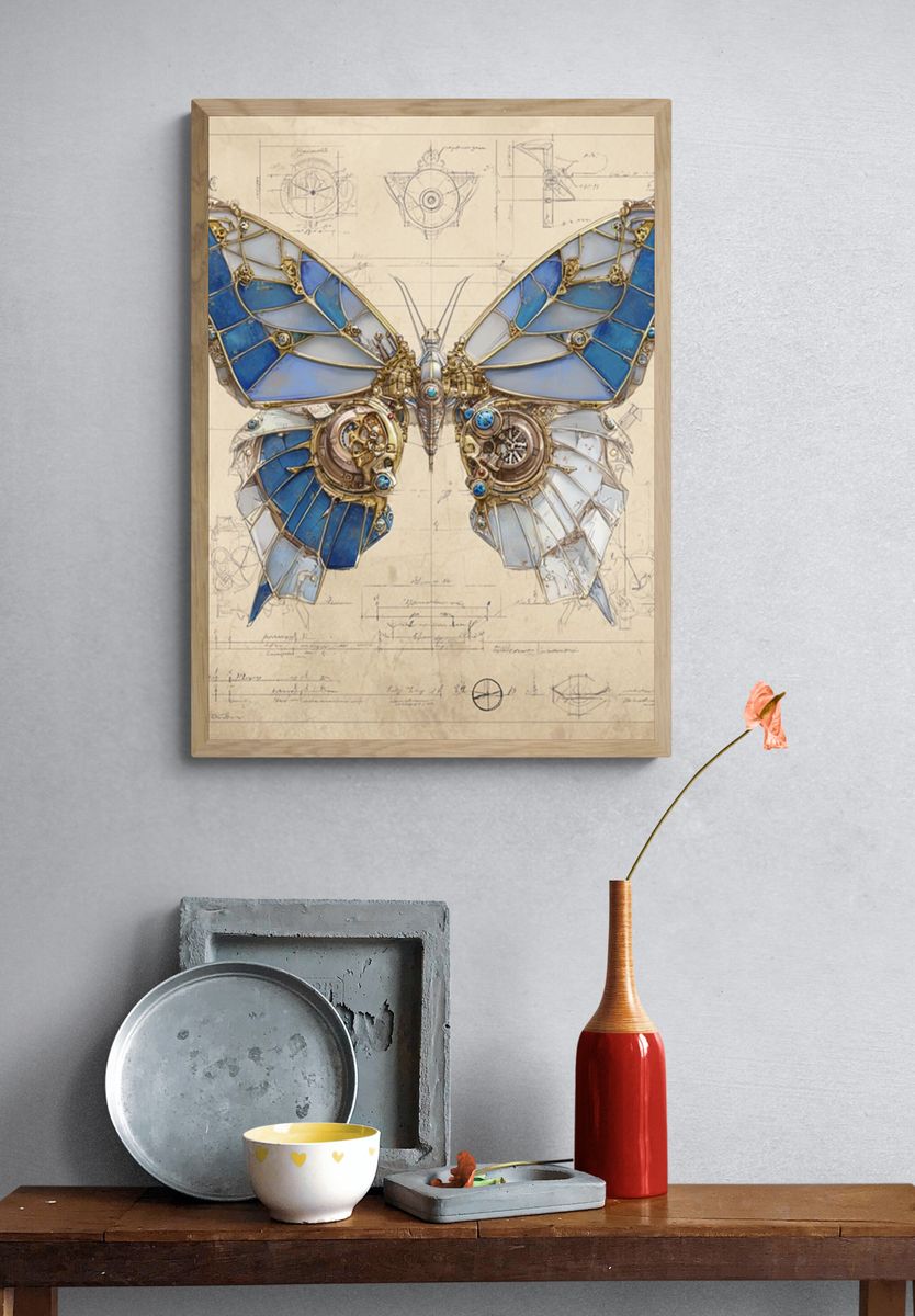 Mechanical Butterfly Blueprint Poster. — room view 3