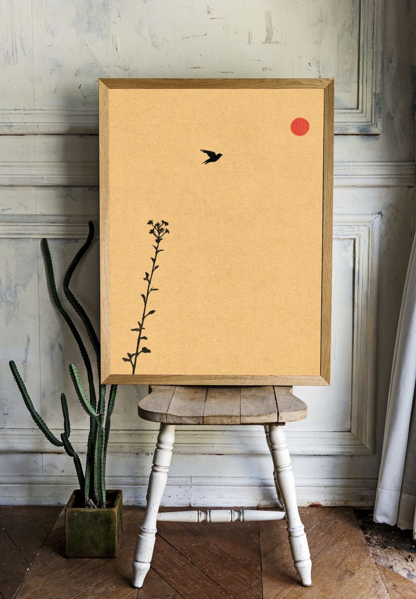 Bird and Sun Minimalist Print. — room view 1