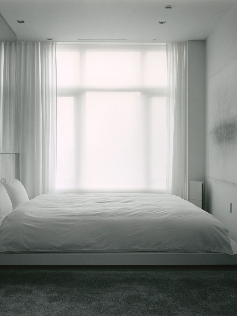 Minimalist White Bedroom Interior Print. poster — photography art