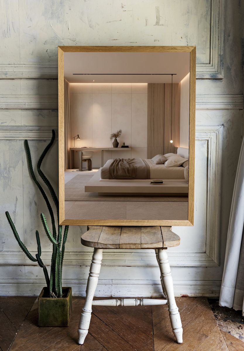 Minimalist Beige Bedroom Interior Poster. room preview