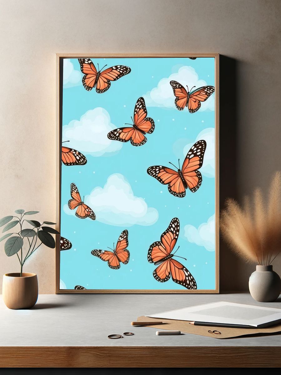 Monarch Butterflies in Cloudy Sky Poster. — room view 2