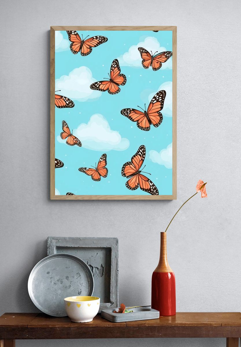 Monarch Butterflies in Cloudy Sky Poster. — room view 3