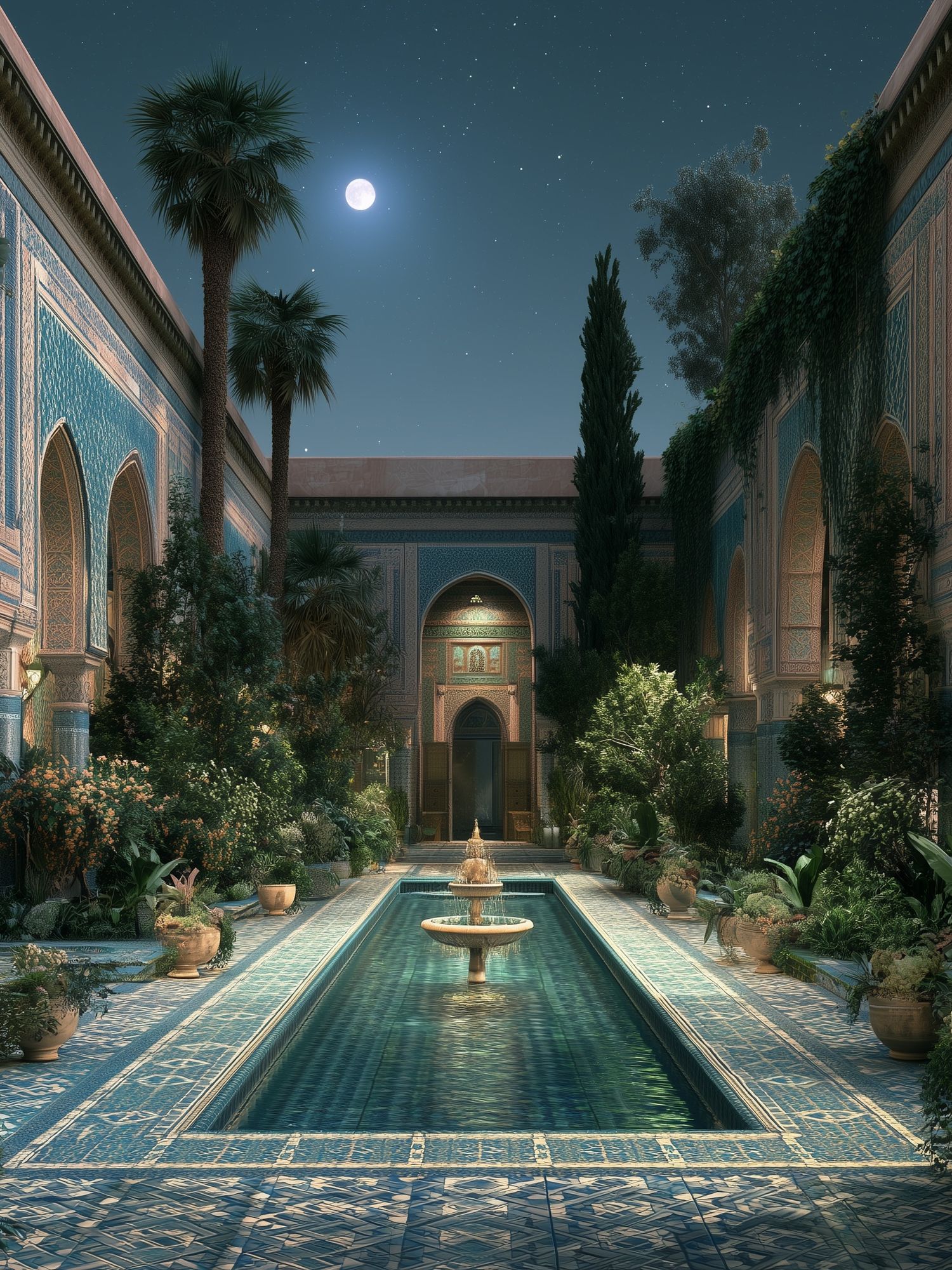 Moonlit Moroccan Courtyard Poster. poster — illustration art