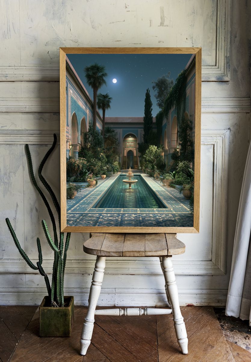 Moonlit Moroccan Courtyard Poster. — room view 1
