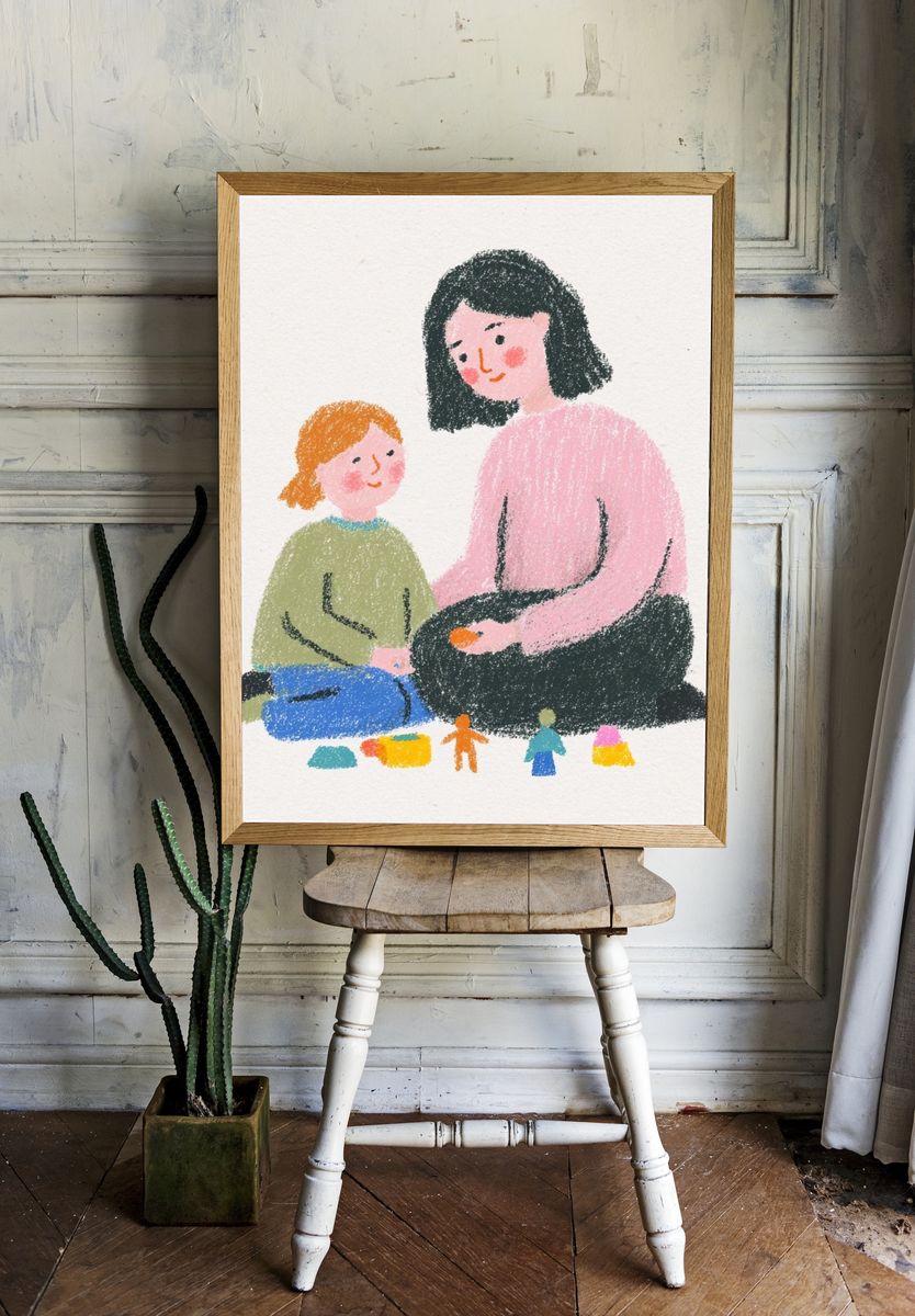 Mother and Child Playing — Illustration Print. — room view 1