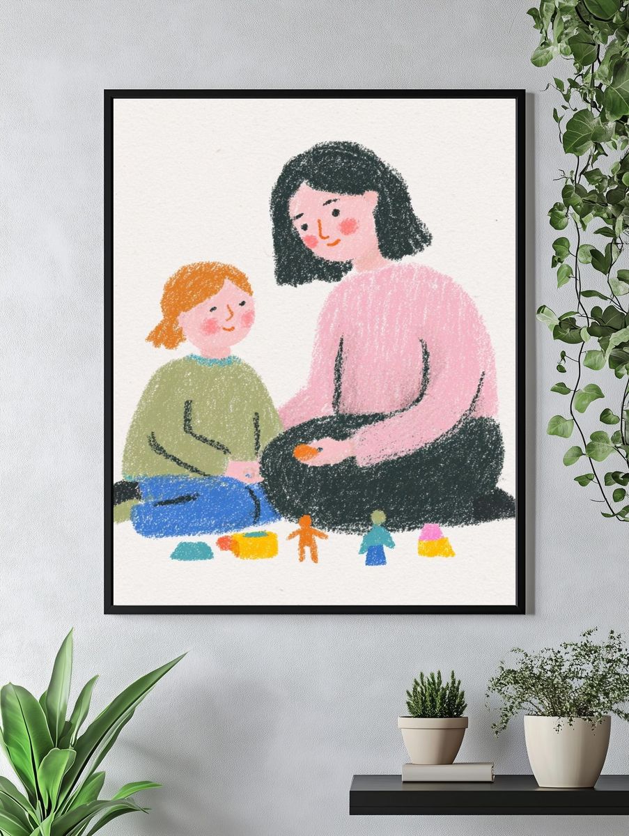 Mother and Child Playing — Illustration Print. — room view 4