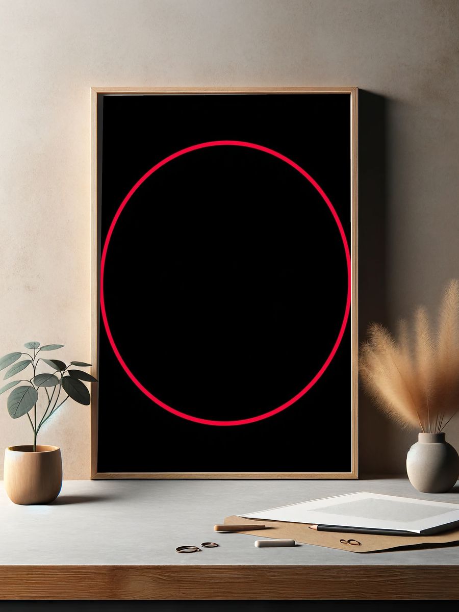 Red Circle on Black Background — Minimalist Print. — room view 2
