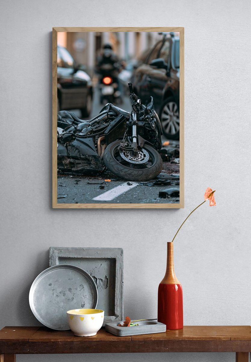 Motorcycle Crash Street Photography Poster. — room view 3