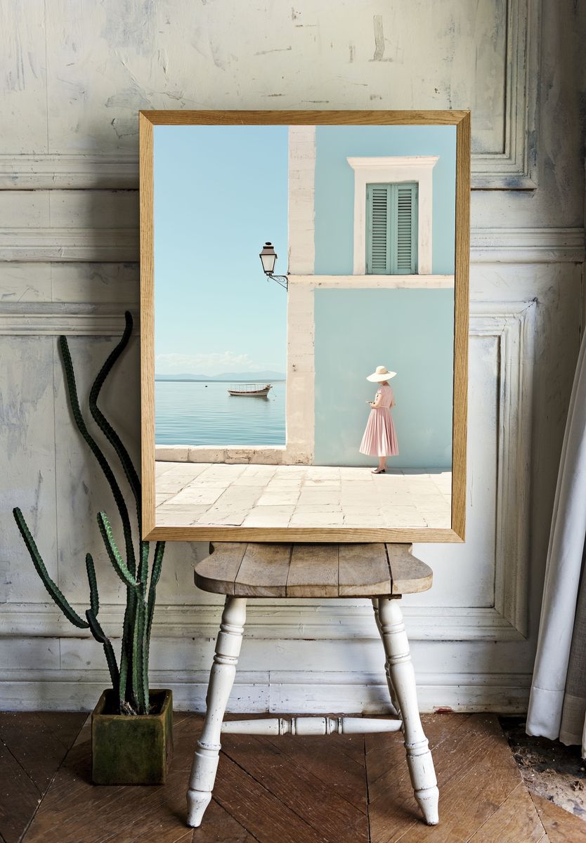Mediterranean Seaside Woman Photography Poster. room preview