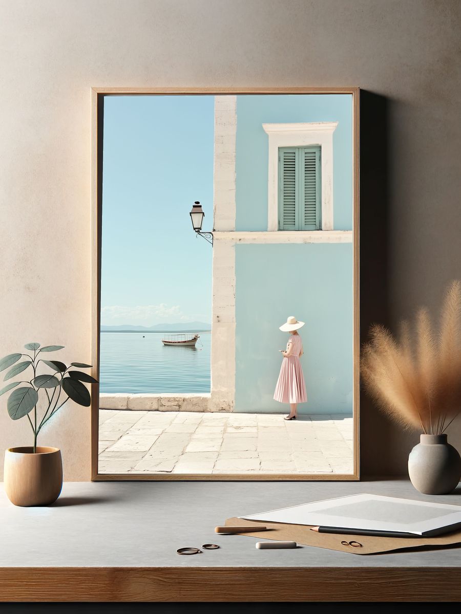 Mediterranean Seaside Woman Photography Poster. — room view 2
