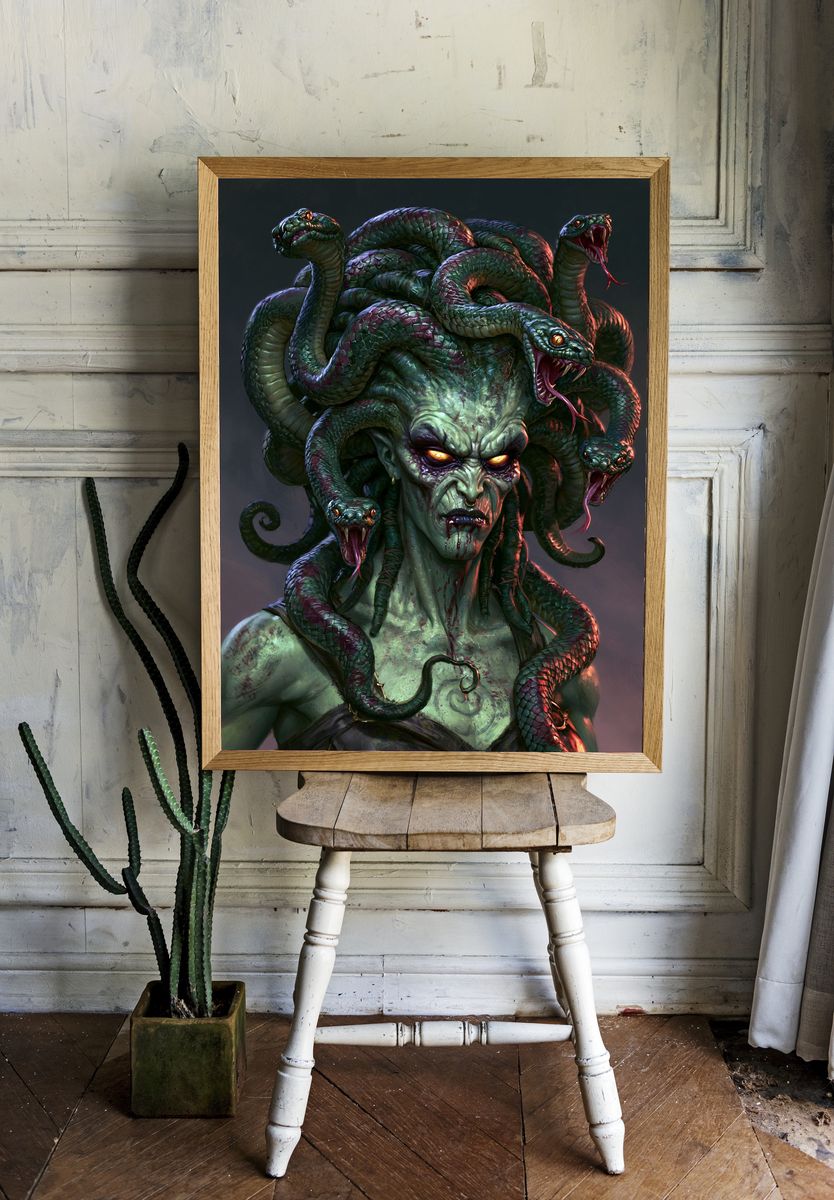 Medusa Serpent Portrait Print. room preview