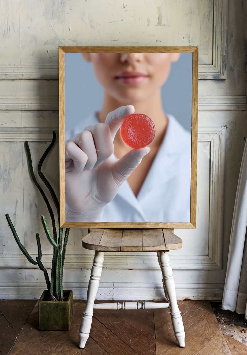 Lab Technician Holding Red Candy Poster. — room view 1