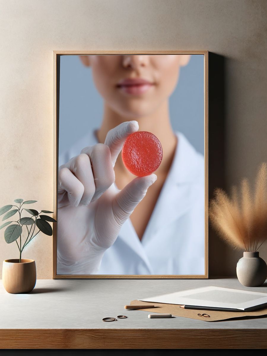 Lab Technician Holding Red Candy Poster. — room view 2