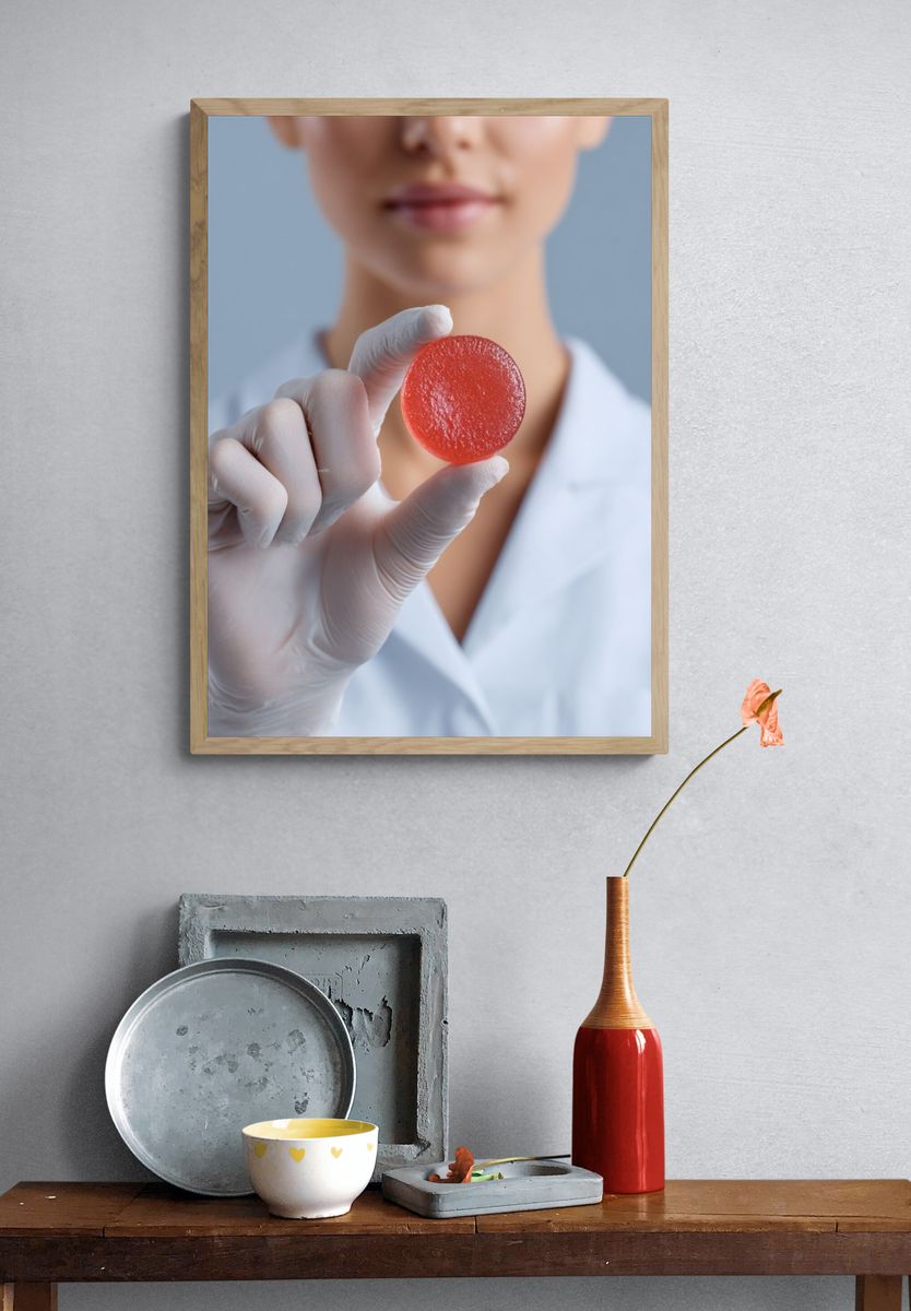 Lab Technician Holding Red Candy Poster. — room view 3