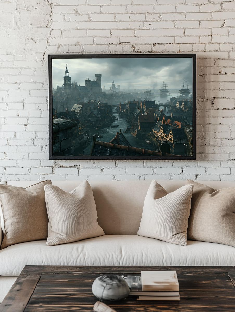 Medieval Harbor Cityscape Print. — room view 1