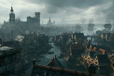 Medieval Harbor Cityscape Print.