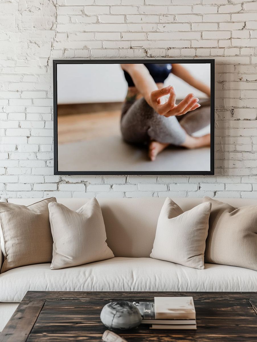 Fitness woman Padmasana pose. — room view 1