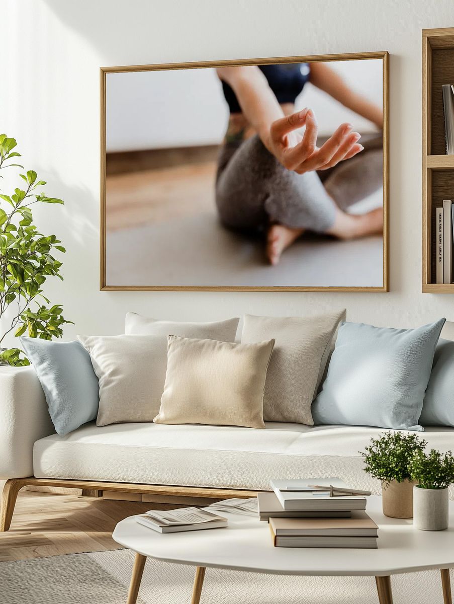 Fitness woman Padmasana pose. — room view 2