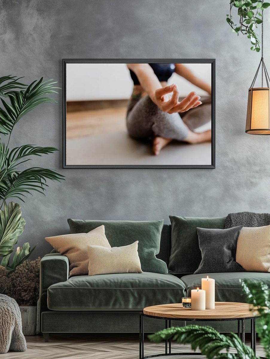 Fitness woman Padmasana pose. — room view 4