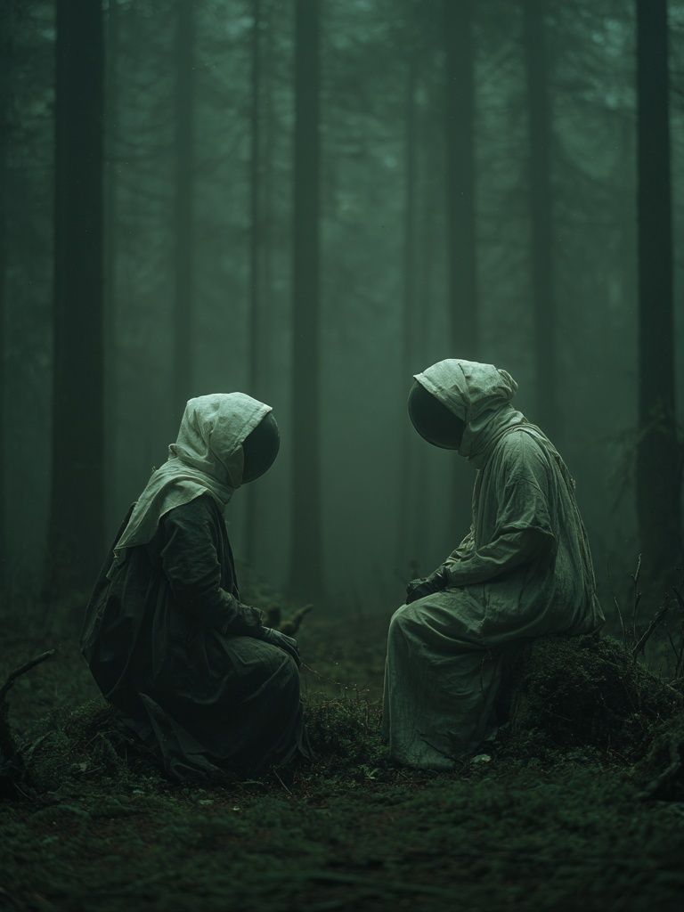 Mysterious Figures in Foggy Forest Poster. poster detail