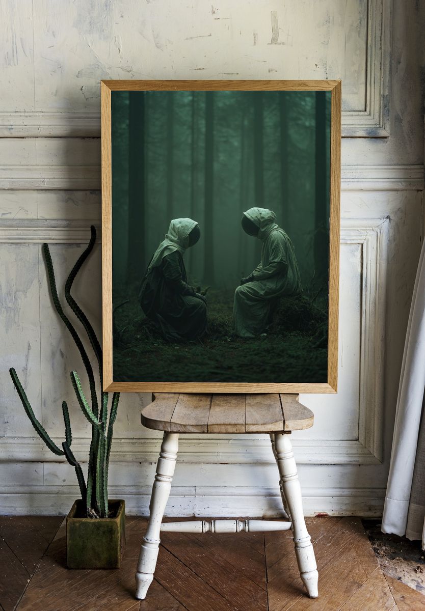 Mysterious Figures in Foggy Forest Poster. — room view 1