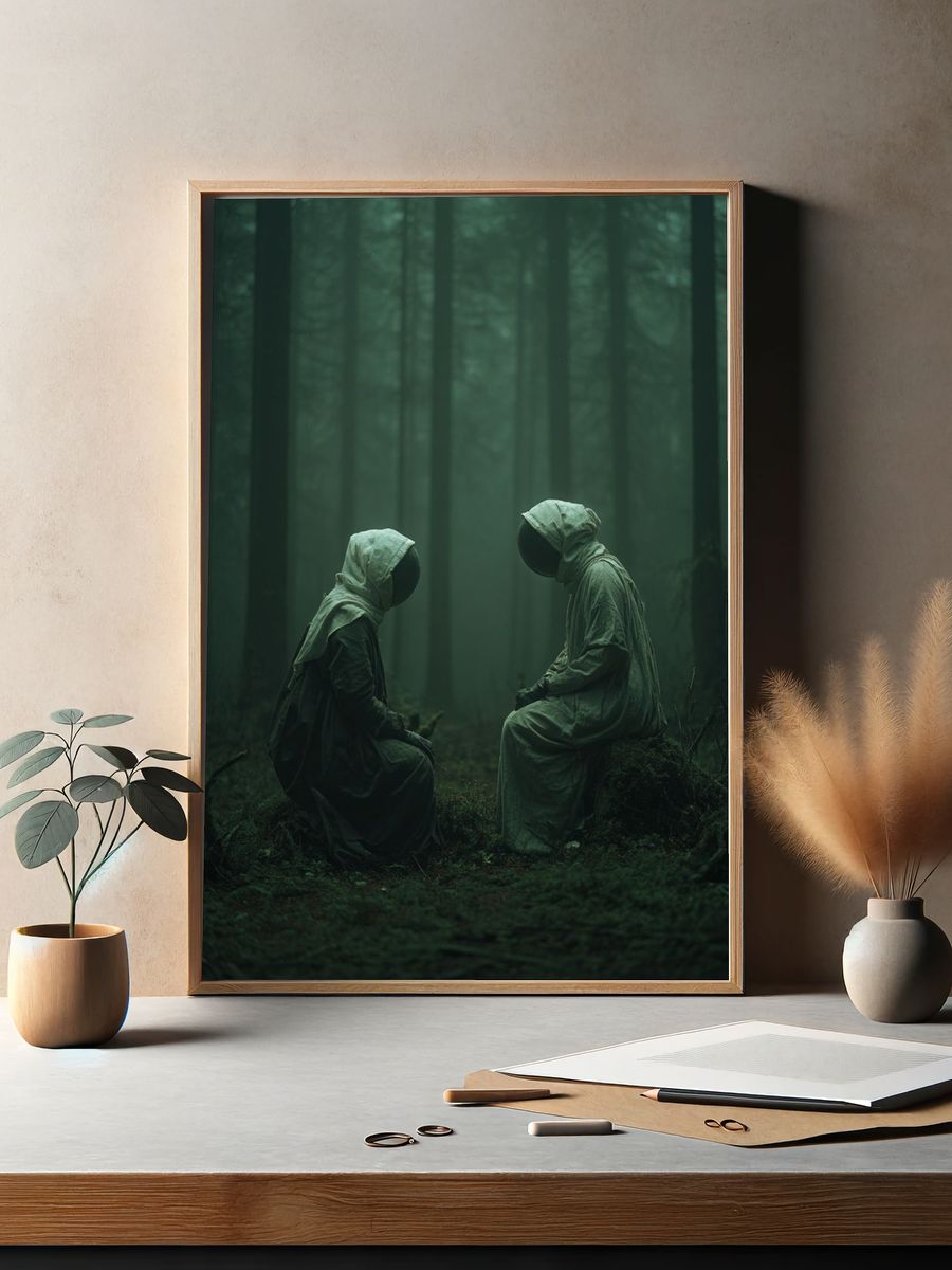 Mysterious Figures in Foggy Forest Poster. — room view 2
