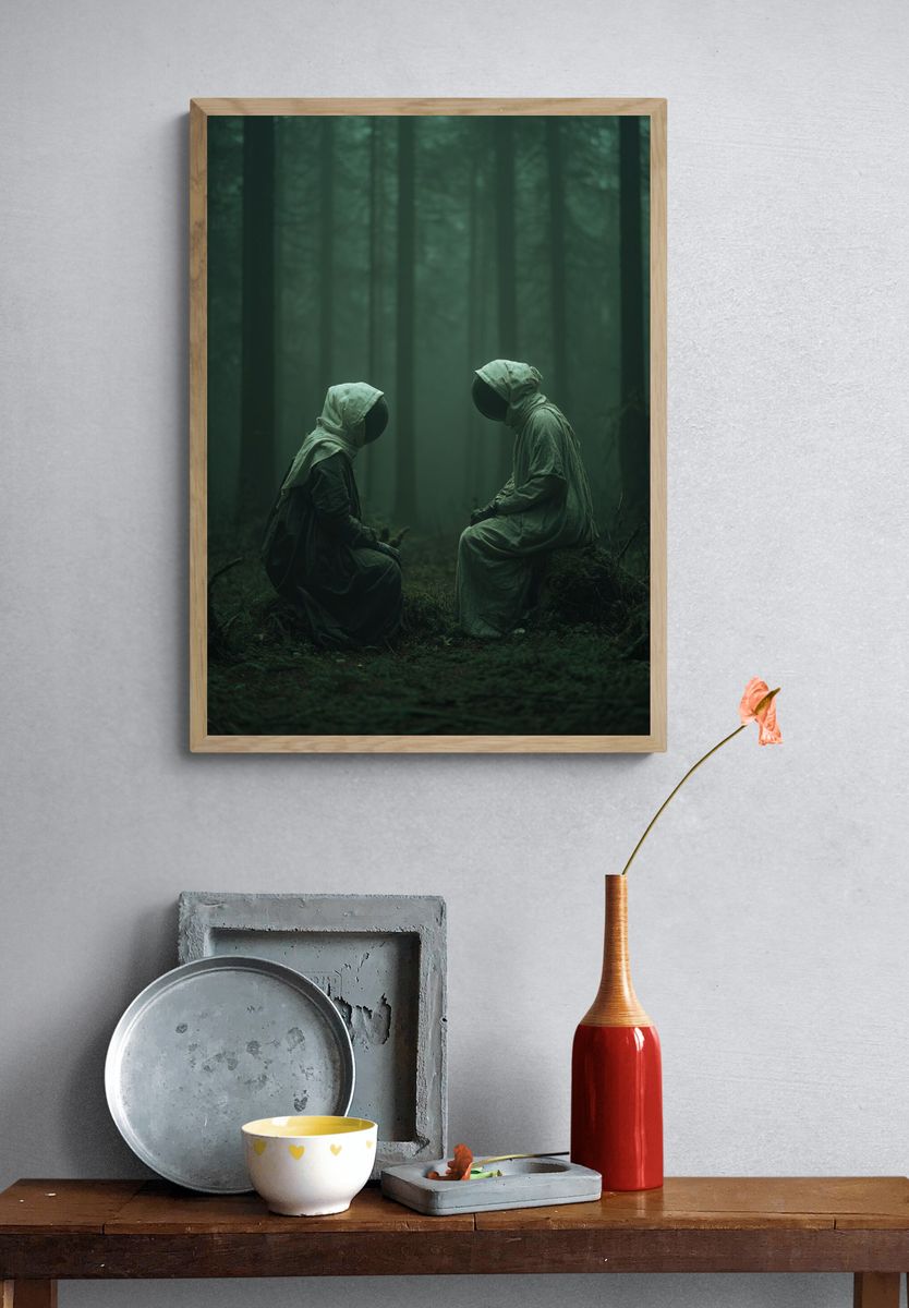 Mysterious Figures in Foggy Forest Poster. — room view 3