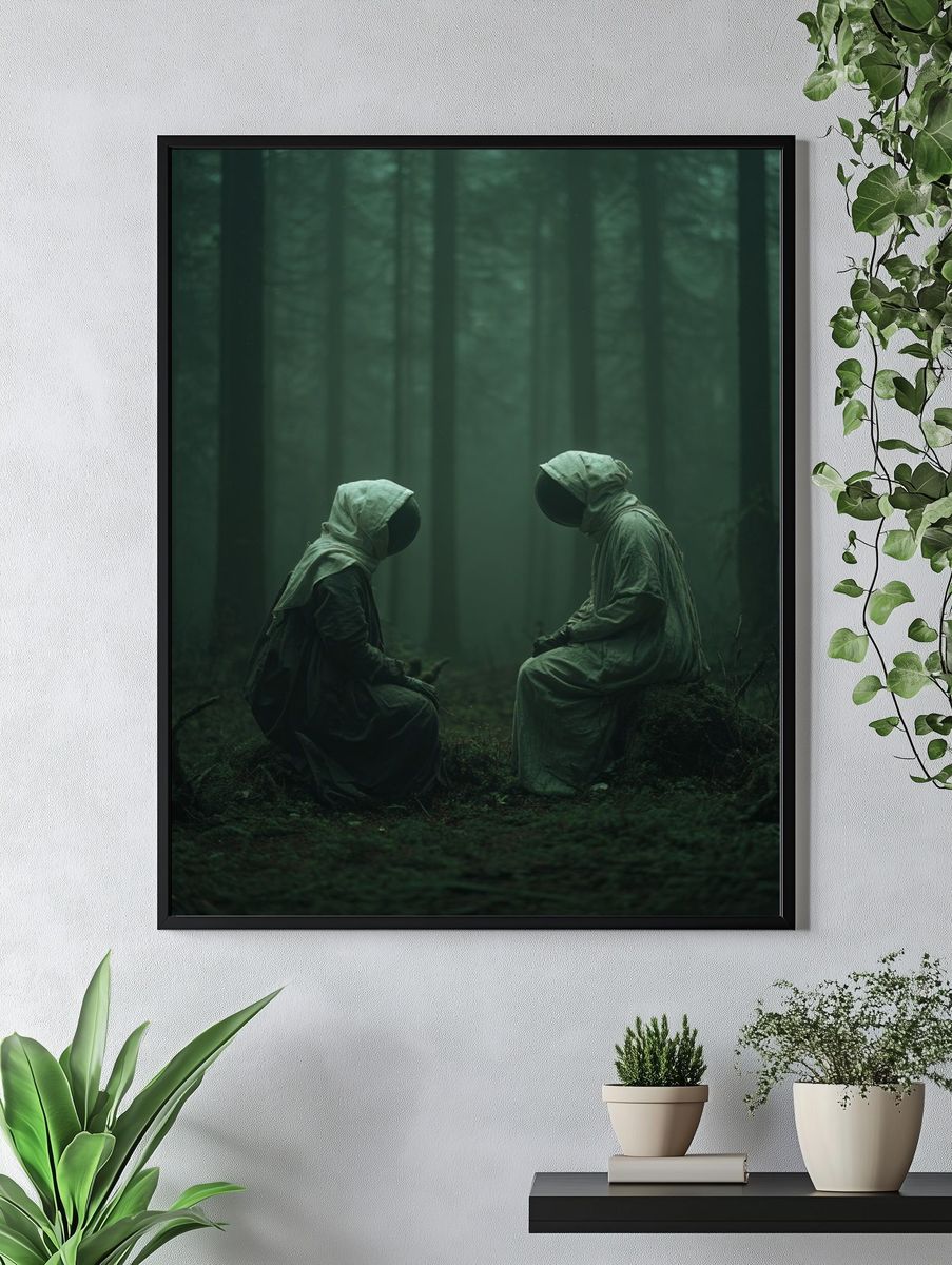 Mysterious Figures in Foggy Forest Poster. — room view 4