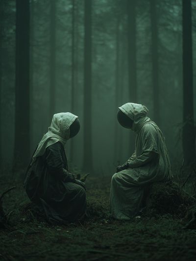 Mysterious Figures in Foggy Forest Poster. poster print