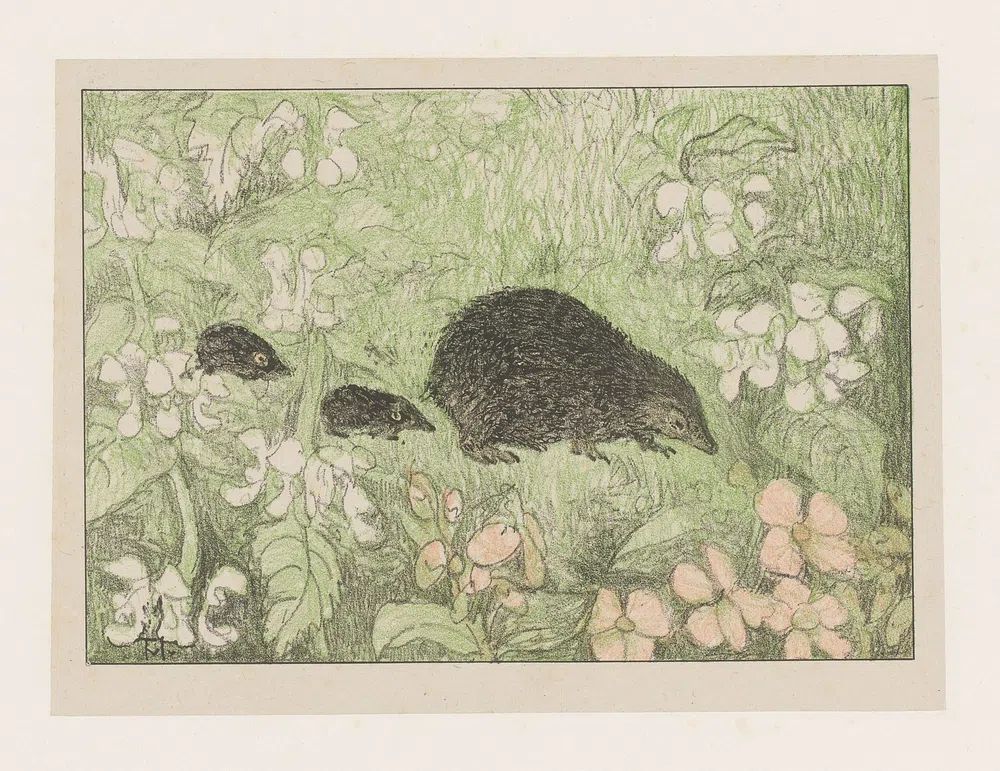 Mole Family in Blooming Garden — Illustration Print. poster detail