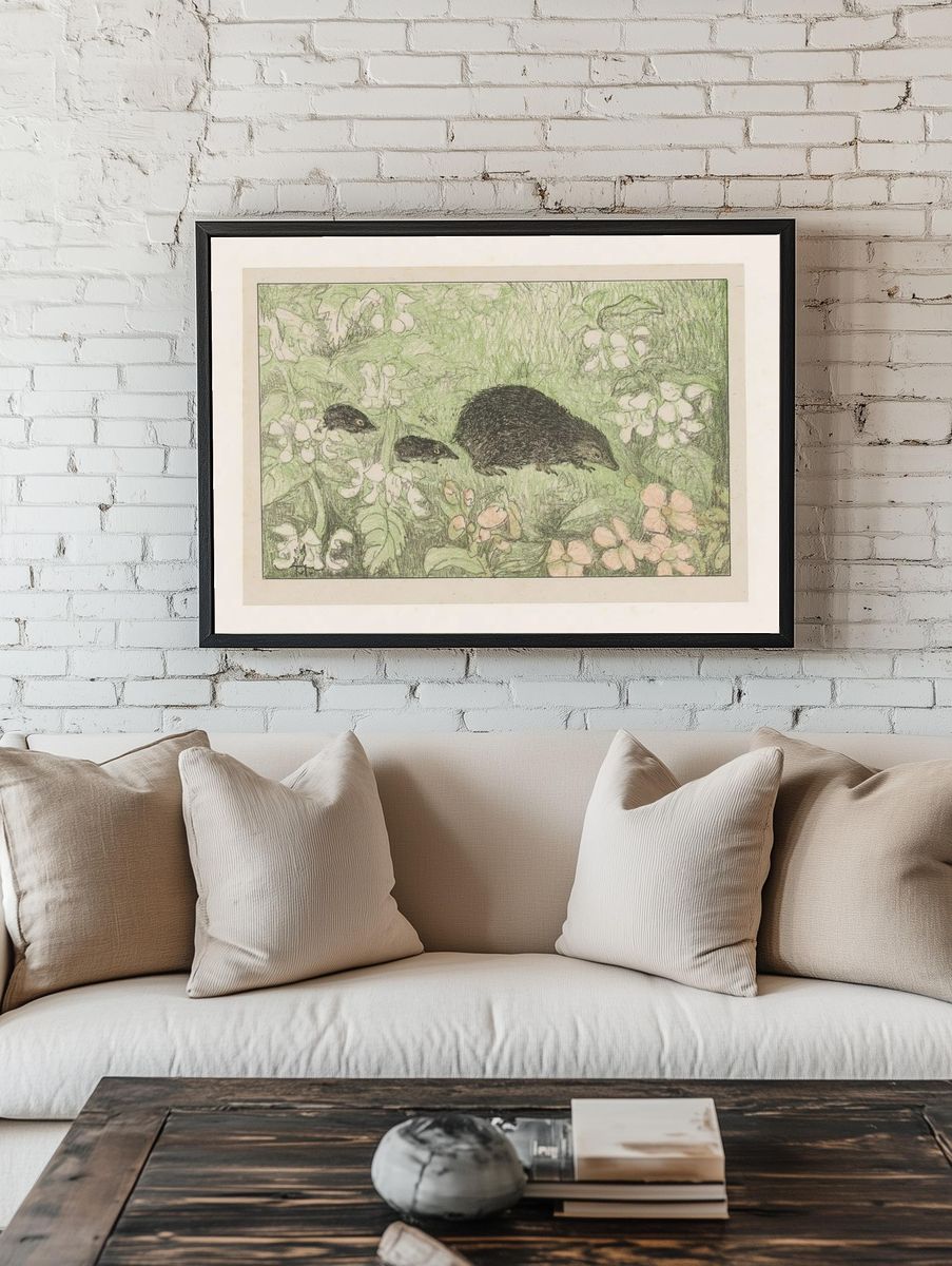 Mole Family in Blooming Garden — Illustration Print. — room view 1