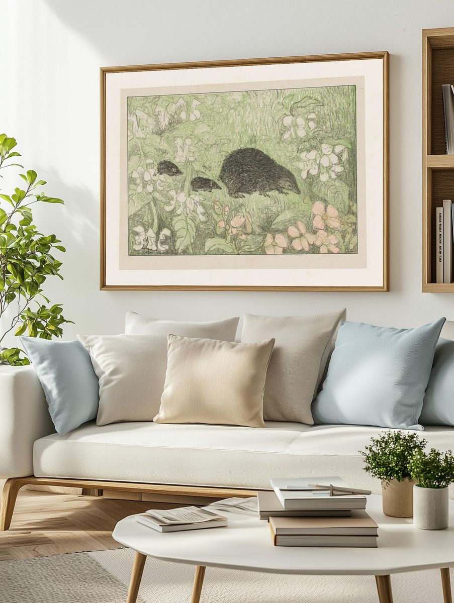 Mole Family in Blooming Garden — Illustration Print. — room view 2