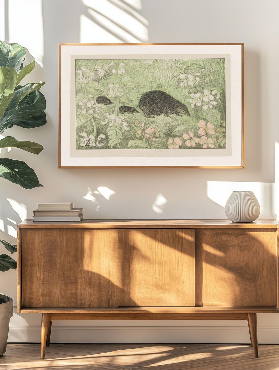 Mole Family in Blooming Garden — Illustration Print. — room view 3