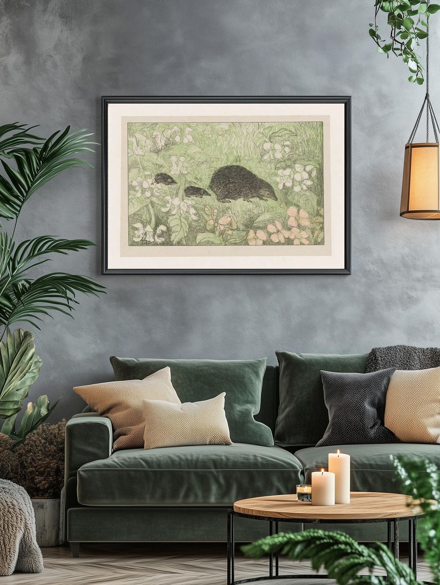 Mole Family in Blooming Garden — Illustration Print. — room view 4