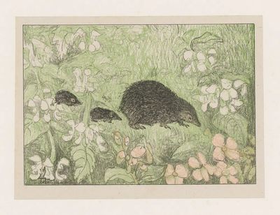 Mole Family in Blooming Garden — Illustration Print. poster