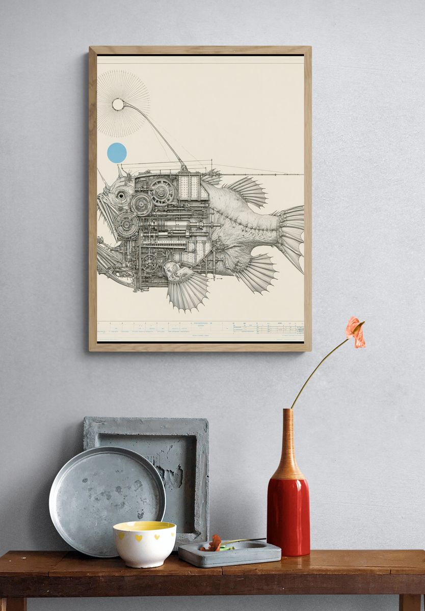 Mechanical Fish Illustration Poster. — room view 3