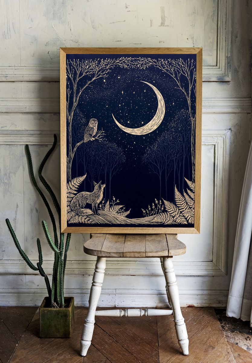Moonlit Forest Owl Print. room preview